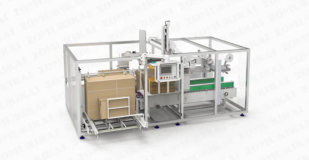 ZOMUKIKAI ZC-IT800 Integrierter Kartonaufrichter und Kartonverpacker im Betrieb