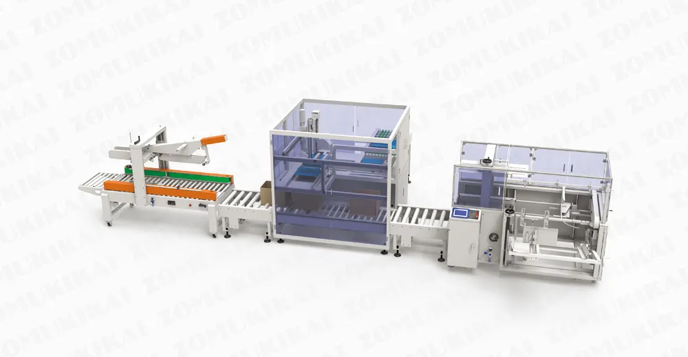 ZOMUKIKAI ZC-PP400 Pick-and-Place Kartonverpacker im Betrieb, Verpackung von Beutelprodukten mit Vakuumsaugern