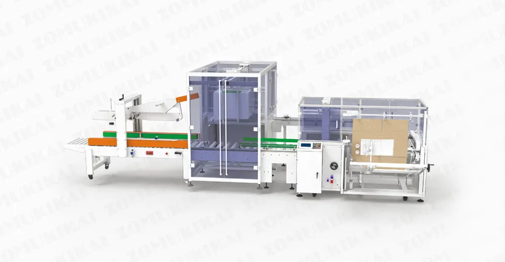 Side load case packer machine pushing products into cartons