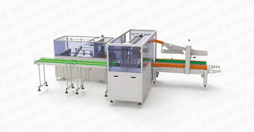 ZOMUKIKAI ZC-SL550 Seitenlader Beutel Kartonverpacker im Betrieb, Verpackung von weichen Beutelprodukten in Kartons